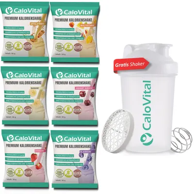 Produktbild von CaloVital Hochkalorische Trinknahrung für gezielte Gewichtszunahme [PROBIERPAKET INKL. GRATIS SHAKER] 6er Pack Frucht je 50 g Pulver