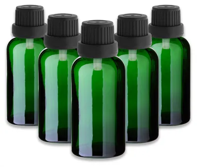 Produktbild von 5x Grüne Glasflasche 30 ml mit schwarzem Tropfer – Tropfeinsatz leer