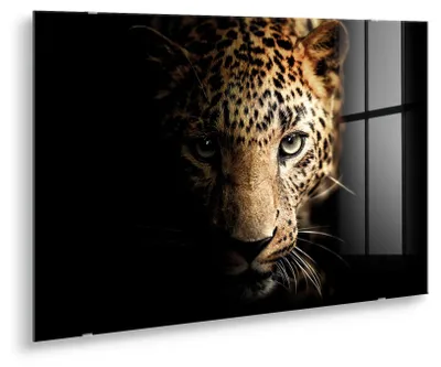 Obrázek produktu pro STYLER Skleněná obrazová kompozice LEOPARD GL246, 70x100 cm. Obraz na skle s motivem leoparda, vysoký lesk. Vhodné do obývacího pokoje, kanceláře, moderní dekorace na zeď. Designový produkt