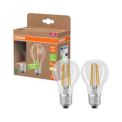 Obrázek produktu pro 2 x LED žárovka Ledvance Filament A60, 3,8W = 60W, patice E27, čirá, 806 lm, teplá bílá (2700K), velmi úsporná