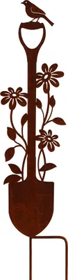 Produktbild von Gartenstecker Spaten Schaufel mit Blumen und Vogel Metall Gartendeko Rost Edelrost rostiger Beetstecker Rostfigur für den Garten Rankhilfe Deko Figur
