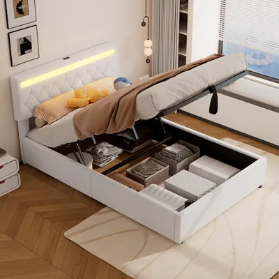 Immagine prodotto di Letto per ragazzi Abrihome 140x200cm con USB, letto imbottito con rete a doghe e contenitore, letto contenitore idraulico con LED, lino, bianco