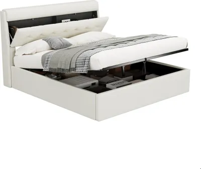 Immagine prodotto di Letto matrimoniale con rete a molle, dimensioni 160 x 200 cm, con spazio contenitore idraulico, imbottito, dotato di testiera contenitore e rete, senza materasso, colore bianco