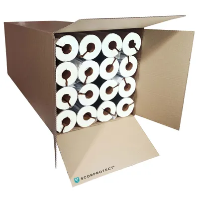 A cardboard box filled with rolled insulation tubes.
