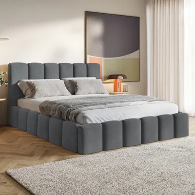 Produktbild von MOTIVENA Nunu Bubble Polsterbett 140x200 mit Bettkasten, Metall Latenrost, Bubble Bett 140x200 Grau Samt (Jasmine 96)
