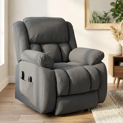 Image de Fauteuil releveur avec fonction massage et chauffage, fauteuil TV en velours avec fonction releveur, électrique, gris | 93 x 104 x 100 cm | 8 points de vibration | Inclinable à 150°