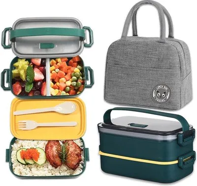 Image de Boîte à lunch à deux compartiments, 1 600 ml, adaptée au micro-ondes, pour adultes et enfants