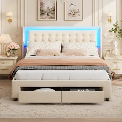 Obrázek produktu pro Postel INONEFT, čalouněná, rozměr 160x200 cm, s LED osvětlením, dvoulůžko s hydraulickým zvedákem, úložným prostorem a zásuvkami, boxspring postel s úložným prostorem a roštem, barva: béžová