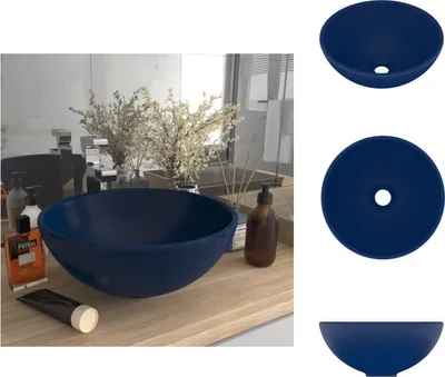 Imagen del producto de vidaXL Lavabo de lujo, redondo, mate, azul oscuro, 32,5 x 14 cm, de cerámica - Lavabo para baño