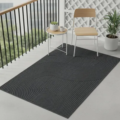 Zdjęcie produktu dla Dywan zewnętrzny z graficznym wzorem falistym, odporny na warunki atmosferyczne, na taras lub balkon, kolor antracytowy, wymiary: 80 x 200 cm