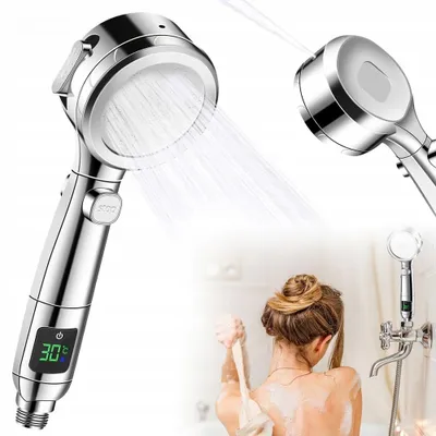 Produktbild von Hochdruck-Duschkopf mit LED-Temperaturanzeige, 4 Modi, Silber