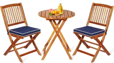 Immagine prodotto di set di mobili da giardino 3 pezzi in legno di acacia pieghevole tavolo rotondo sedie cuscini blu