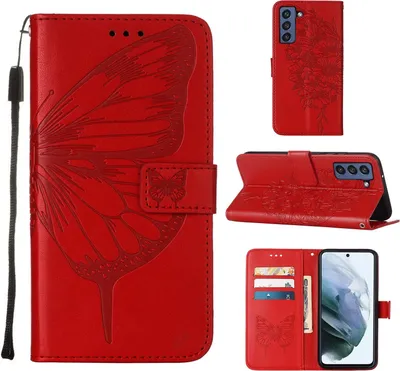 Image de Galaxy S21 FE Case, Butterfly Relief Flip Leather Case with Card Slots and Stand for Samsung Galaxy S21 FE red