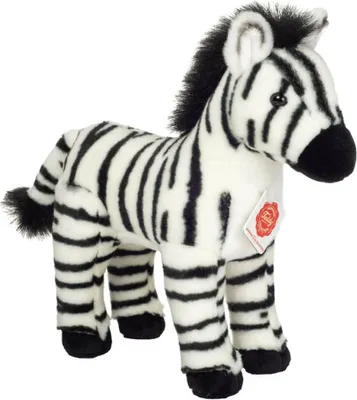 A studio shot of a stuffed zebra toy.