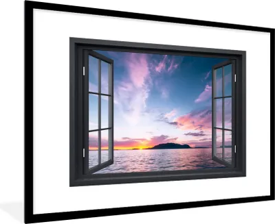 Produktbild von MuchoWow® MuchoWow® Gerahmtes Poster Mit Blick auf - Meer - Sonnenuntergang 90x60 cm - Poster mit zchwarzem Bilderrahmen - Wanddekoration - Fotos