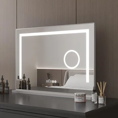 Produktbild von Hollywood Spiegel Schminkspiegel Kosmetikspiegel Tischspiegel mit LED Beleuchtung Uhr 50x70 cm,3xVergrößen,dimmbar,3 Farben,Helligkeit einstellbar,Touchschalter,Aluminiumrahmen