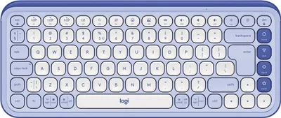 A top-down view of a blue and white keyboard.