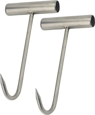 Two stainless steel T-handle hooks against a white background.