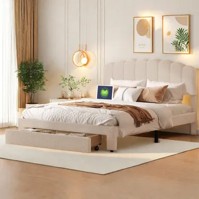 Obrázok produktu pre Postel s čalúneným rámom, rozmery 160x200 cm, dvojlôžko s úložným priestorom a roštom, nastaviteľná opierka hlavy s funkciou USB-C nabíjania, béžová posteľ z plyšovej látky, bez matraca