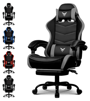 Produktbild von Ergonomischer Gaming Stuhl mit Fußstütze, verstellbarer Kopf- und Lendenstütze, Grau