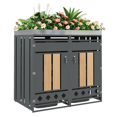Produktbild von Mülltonnenbox mit Rauten-Sockel & Pflanzfläche, Vertikale Holzmaserung, Grau, 132x80x124 cm
