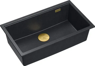 Produktbild von QUADRON Spülbecken 1-Becken Spüle | Größe: 70 x 37 x 23,5 cm | LOGAN 110 | Unterbauspüle Granitspüle aus GraniteQ mit Siphon | Schwarz + Golden PVD