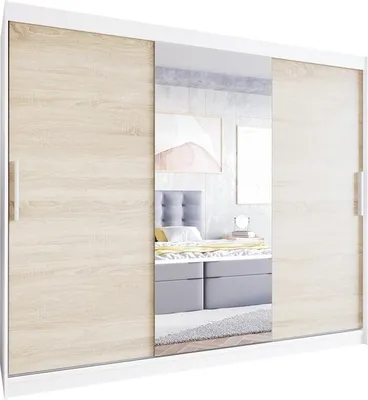 Produktbild von Easy4You L1 250 cm Weiß/Sonoma Schiebetüren Kleiderschrank 250x215x58 cm mit Spiegel - Schlafzimmermöbel, Aufbewahrung - Mehrzweckschrank