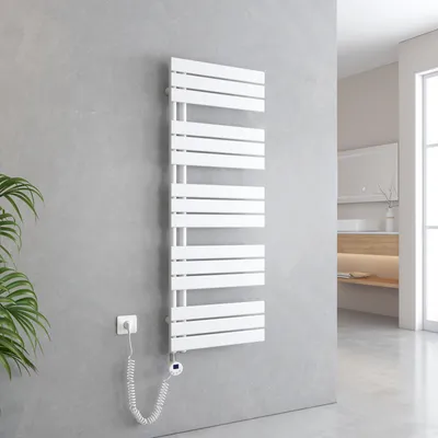 Zdjęcie produktu dla EMKE Suszarka do ręczników Elektryczny asymetryczny grzejnik łazienkowy z termostatem czasowym Podgrzewacz ręczników 1320 x 500 mm Biały grzejnik łazienkowy z prętem grzewczym 800 W