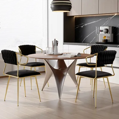 Immagine prodotto di Set di 2 sedie da pranzo, braccioli in tessuto e metallo, schienale intrecciato, gambe dorate, rivestimento in velluto nero, elegante design moderno