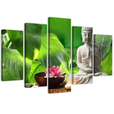 Produktbild von 5-teiliges leinwandbild buddha zwischen pflanzen 150x100 cm Feeby grün wandbild bereit zum aufhängen