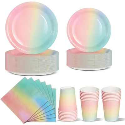 Regenbogen Partygeschirr 96-teilig, Pappteller, Becher, Servietten