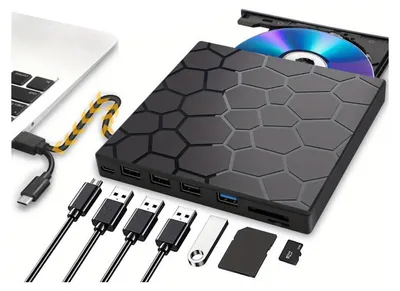 Produktbild von Externer DVD Player USB 3.0 & Typ-C, tragbares DVD Laufwerk kompatibel mit Laptop und PC, CD/DVD Burner & Reader, 15.4x14.3x1.4cm, Plug & Play