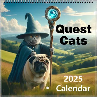 A cat dressed as a wizard holding a staff, with a pug standing next to it, in a grassy landscape with rolling hills and a blue sky.