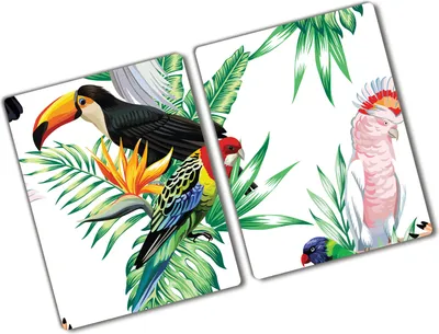 Produktbild von Tulup Glas Herdabdeckplatte - 2x40x52 cm - Glaskeramikkochfeld-Abdeckung Spritzschutz Glasabdeckplatte Kochplattenabdeckung und Schneidebrett - Zweiteilig - Tiere - Tropische Vögel - Mehrfarbig