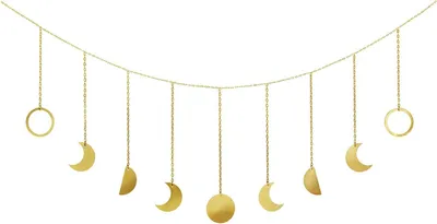 A gold-colored moon phase garland is displayed against a white background.