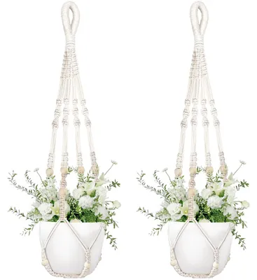 Image de 2 suspensions pour plantes en macramé, pots de fleurs suspendus de style bohème, pots suspendus de 89 cm (35 pouces) de long pour la décoration de terrasse, suspensions pour plantes pour la décoration d'intérieur et d'extérieur sur le balcon.