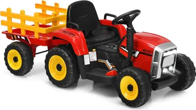 Produktbild von GOPLUS Elektrofahrzeuge mit Anhänger, 3-Gang Elektroauto Traktor mit Fernbedienung, LED-Licht & Musik & Bluetooth, für Kinder ab 3 Jahren, bis 30 kg (Rot)