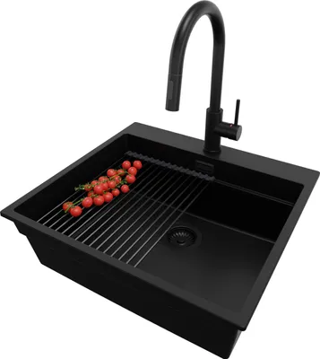 Produktbild von PRIMAGRAN Granitspüle Alles Schwarz 58x53cm, Spülbecken 1 Becken + Ablauf-Set + Küchenzubehörset, Küchenspüle ab 60er Unterschrank - Oslo Max