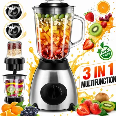 Produktbild von Standmixer 2000W, Edelstahl Silber, 1,5L Glasbehälter, Smoothie Maker, Milchshaker, Eiscrusher, 6-Klingen für Eis & Püree