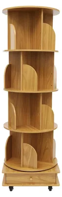 Obrázok produktu pre Otočná knižnica z masívneho dreva – stojaca knižnica so 4 policami – otočná o 360° – 16 priehradiek – 4 kolieska s brzdami – nosnosť 35 kg – prírodná farba