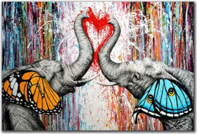 Produktbild von TPFLiving Kunstdruck LW-800 (OHNE RAHMEN) Poster - Leinwand - Wandbild - Hochauflösender Giclée-Druck, langlebig und hochwertig - Grafitti Art - Elefantenpaar mit Schmetterlingohren und Herz - Größe: 100x140cm