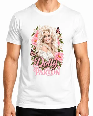 Zdjęcie produktu dla Koszulka męska z nadrukiem "Dolly Parton", motywy country, motyle, Nashville, kolor biały, rozmiar L
