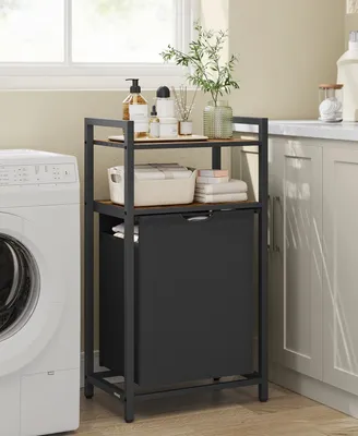 A laundry cart with a hamper and shelves is placed next to a washing machine in a laundry room.