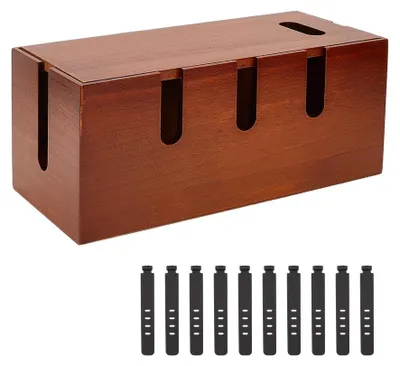 Holz-Kabelbox mit Deckel, 10 Kabelbindern, 30,5x14x13,2 cm