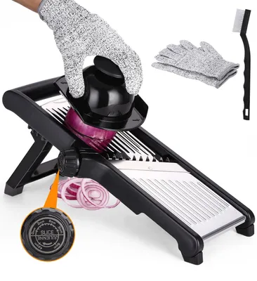 Produktbild von Gemüsehobel 5-in-1 Profi Verstellbar Gemüseschneider Multifunktion Edelstahl Hobel Gemüse Gurken, Obst, Karotten Schneider mit Reinigungsbürste, Anti-Schneid-Handschuhe