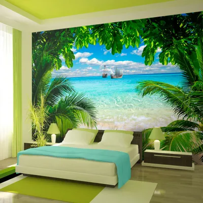 Produktbild von Fototapete selbstklebend Meer 343x256 cm Tapete Wandtapete Wandbilder Klebefolie Dekofolie Tapetenfolie Wand Dekoration Wohnzimmer - Tropische Blätter Tropen c-A-0047-a-a