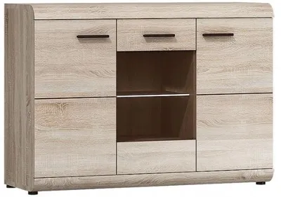 A light wood-effect sideboard with three doors and a central open shelving unit.