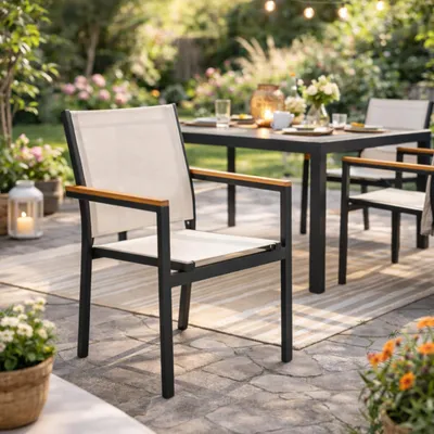 Produktbild von HAGO24 Gartenstuhl 2er Set Beige Balkonstuhl Lounge Stuhl Terrassenstuhl Aluminium Anthrazit Textilene 2x1 Holzoptik Armlehne 120kg