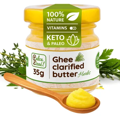 Produktbild von PALCE LIZAĆ Ghee Butter Kräuter 35 g Geklärte | Ayurveda, Laktosefrei, Glutenfrei | Butterreinfett, nur aus der Milch von Weidekühen, Keto