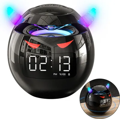 A black, spherical Bluetooth speaker with LED lights and a digital clock display.